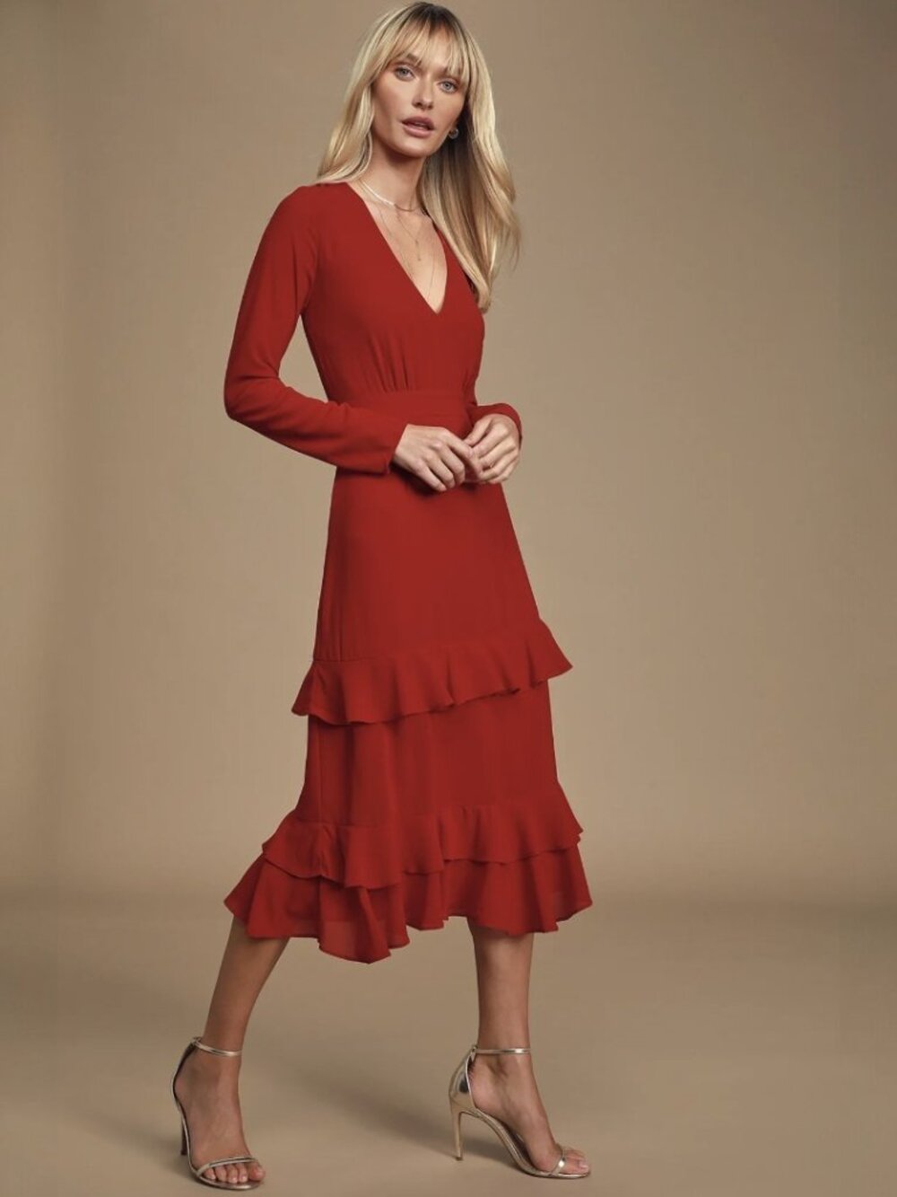 Lulus Sway This Way Red Ruffled Long Sleeve Midi Dress NWT - Picture 2 of 5